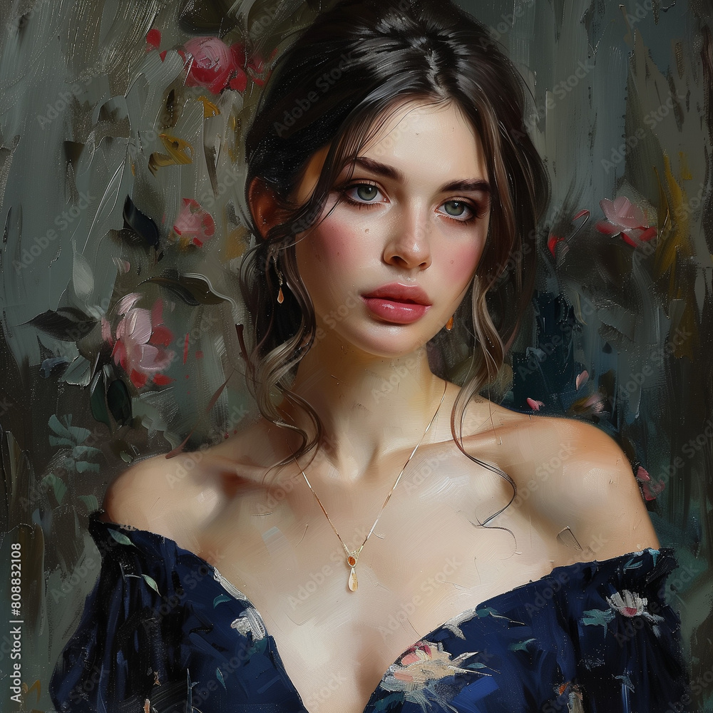 Φωτογραφία Girl wearing a blue floral dress standing against a flowery wallpaper background, AI-generated