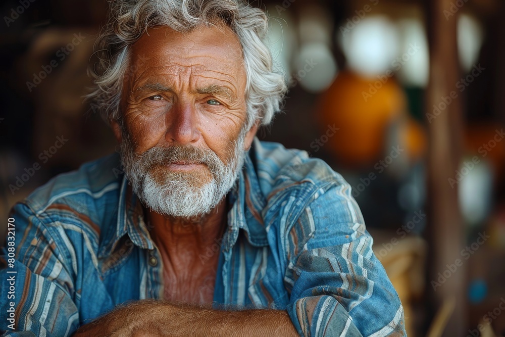 An elder craftsman with gray hair in a blue shirt leaning on a table with a blurred face in a rustic workshop setting An elder craftsman with gray hair in a blue shirt leaning on a table with a blurred face in a rustic workshop setting