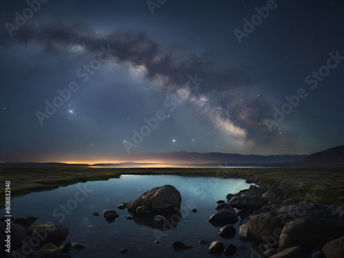  Starry Serenity  Long exposure of Milky Way over tranquil landscape unveils cosmic wonders  igniting contemplation. 