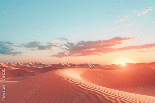 A desert landscape at twilight  with the setting sun casting long shadows and illuminating the sand dunes in soft light