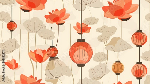 Elegant lotus and lanterns pattern evoking serene Asian vibes