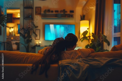 A young couple settled comfortably on a couch in their living room, watching TV together in the evening. A relaxed and intimate night in at home