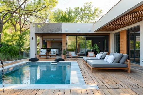 Modern wooden terrace with outdoor furniture and swimming pool © Mari