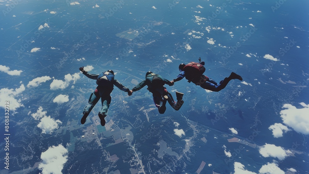 People skydiving while holding hands People skydiving while holding hands