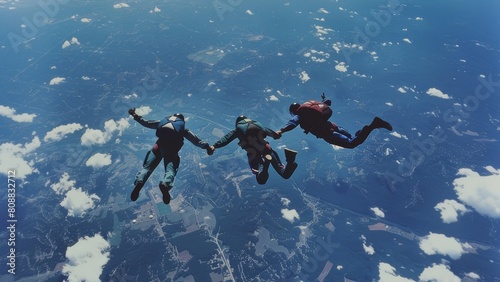 People skydiving while holding hands