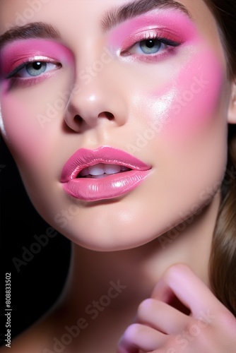 Beautiful girl with pink lips. Glossy Lipstick. Beauty model face. Professional make-up wet skin effect close-up.