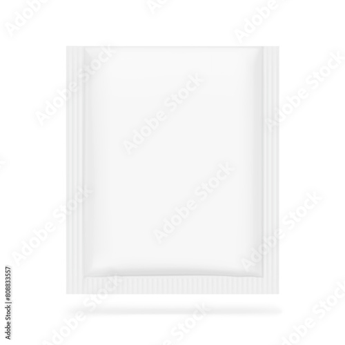 Sachet mockup. Hyper realistic. Vector illustration isolated on white background. Flat lay view. Packaging for cosmetic, food, pet. Ready for your design. EPS10.