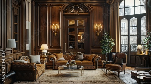 architectural elegance  the ornate wood paneling on the arched wall brings elegance and tradition to the room  enhancing its charm and sophistication