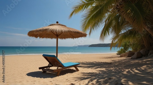 Empty seat under a palm leaf parasol stand on a sandy beach against the background of beautiful blue sea. 