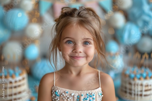 Charming young girl with blue eyes in party setting, looking at camera with background of balloons