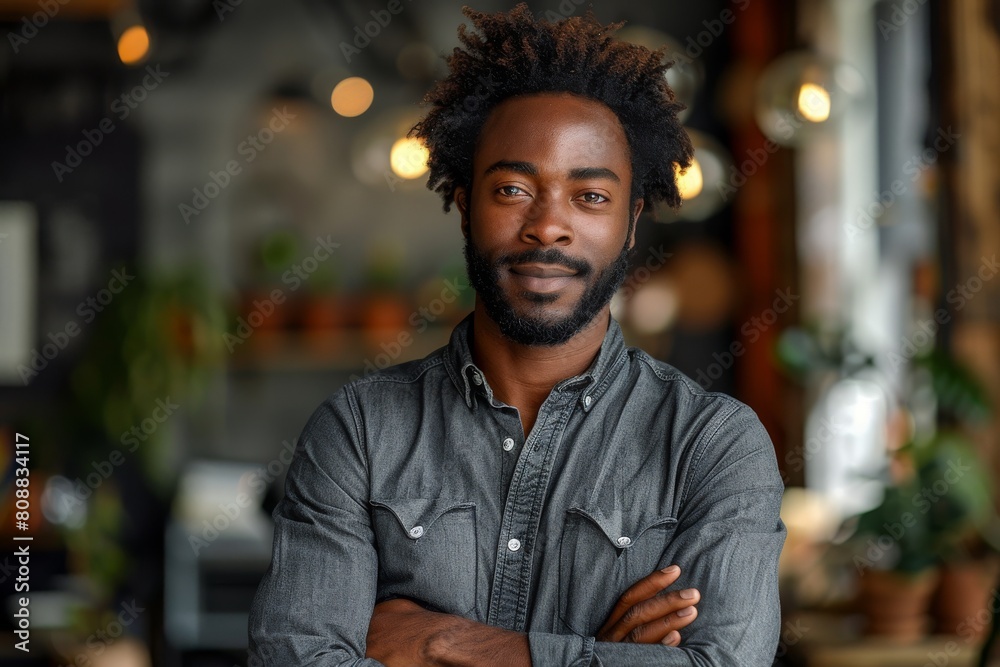 Fototapeta premium Relaxed young adult man in casual attire posing confidently in a contemporary office environment