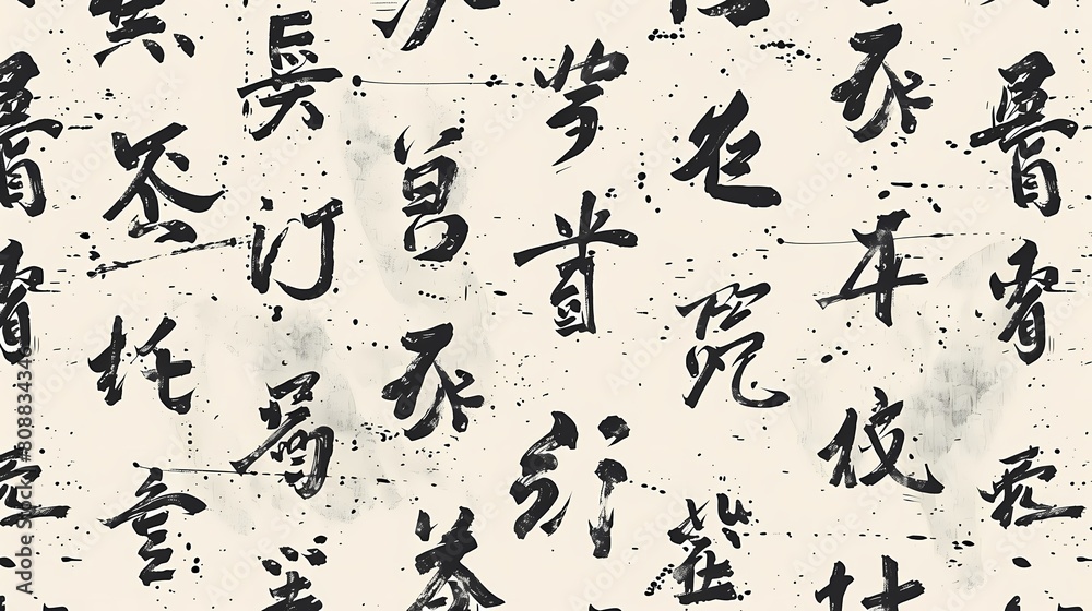 Sporadic brush strokes of Japanese Kanji characters on a textured background