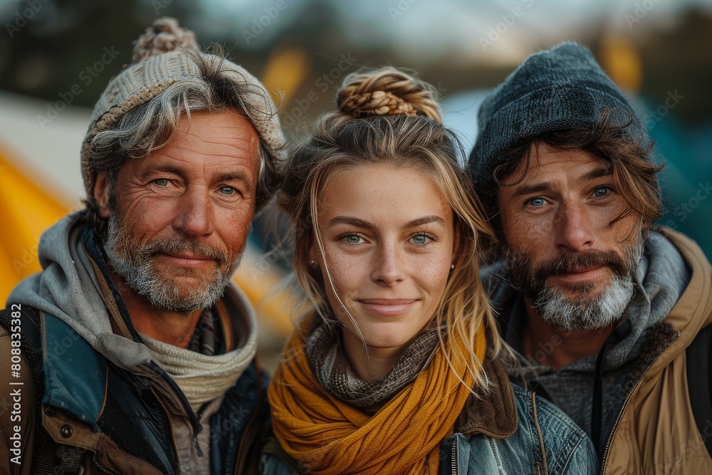 A captivating shot of two men and a woman outdoors, posing with a background of nature that highlights companionship A captivating shot of two men and a woman outdoors, posing with a background of nature that highlights companionship