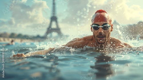 Swimmer and Eiffel tower, France, Swimming sport Olympic games 2024 © Rawf8