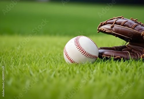 A baseball in a baseball glove on a grassy field