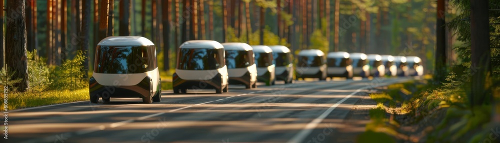 A convoy of selfdriving electric vehicles on a forest road, seamlessly blending technology with nature, promoting ecotourism A convoy of selfdriving electric vehicles on a forest road, seamlessly blending technology with nature, promoting ecotourism
