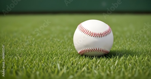A white baseball on a green grass field