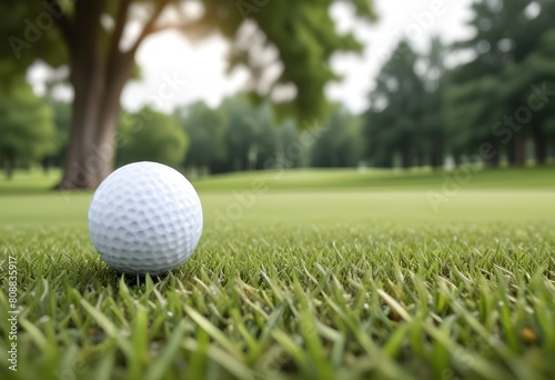 A golf ball on a lush green grass field with blurred trees in the background