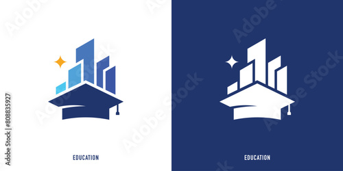 Education Logo Design and Building Logo Design Vector Icon Symbol Inspiration. College, Graduate cap, Campus, Architectural School Logo Design.