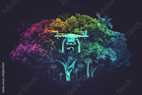 Environmentalists harness drone technology for reforestation projects, a vibrant alliance between tech and nature HUD icon of a drone in colorful color, Sharpen Cinematic Look photo