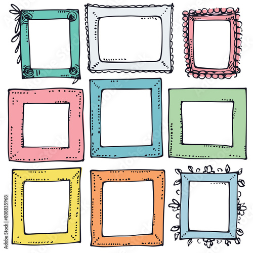 Handdrawn picture frames colorful sketch, doodle borders collection, gallery wall decor, cartoon frames. Variety decorative frames art, photos, drawings, creative childrens room interior. Doodle set