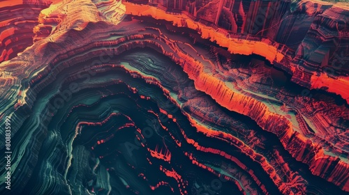 Geologists utilize VR to explore Earths deepest layers, a surprising fusion of virtual reality and earth science HUD icon of Earths layers in retro color, Closeup cinematic Sharpen photo