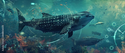 Marine biologists use AI to track endangered species in the ocean, a novel approach to conservation HUD icon of marine life in vintage color, sharpen Cinematic Look