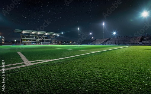 an empty soccer stadium with a lot of lights on it at night