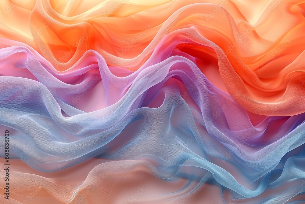 This image features a digital creation of silky fabric flowing in colors that resemble a sunset, evoking warmth and serenity This image features a digital creation of silky fabric flowing in colors that resemble a sunset, evoking warmth and serenity