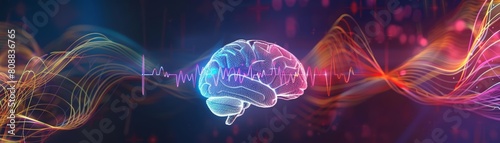 Neuroscientists link music to memory enhancement, a harmonious blend of art and brain science HUD icon of a brainwave in synth wave color, Sharpen Cinematic Look photo