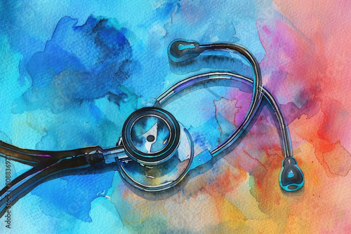 A painting of a stethoscope displayed on a vibrant and colorful background, showcasing medical equipment in an artistic form photo