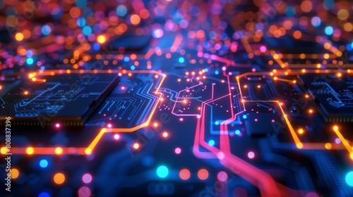 Abstract representation of an electronic motherboard with vivid, flowing lights, ideal for conceptual tech backgrounds