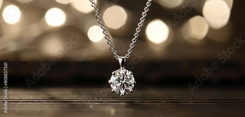 A mesmerizing diamond pendant suspended from a delicate chain, catching light. photo
