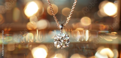 A mesmerizing diamond pendant suspended from a delicate chain, catching light. photo