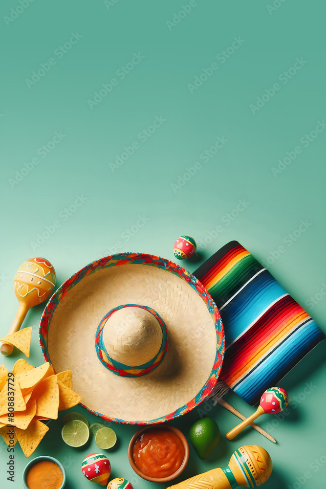 Sombrero, poncho, maracas, nacho chips, salsa and lime on a blue backdrop, Cinco de Mayo and Mexican design concept