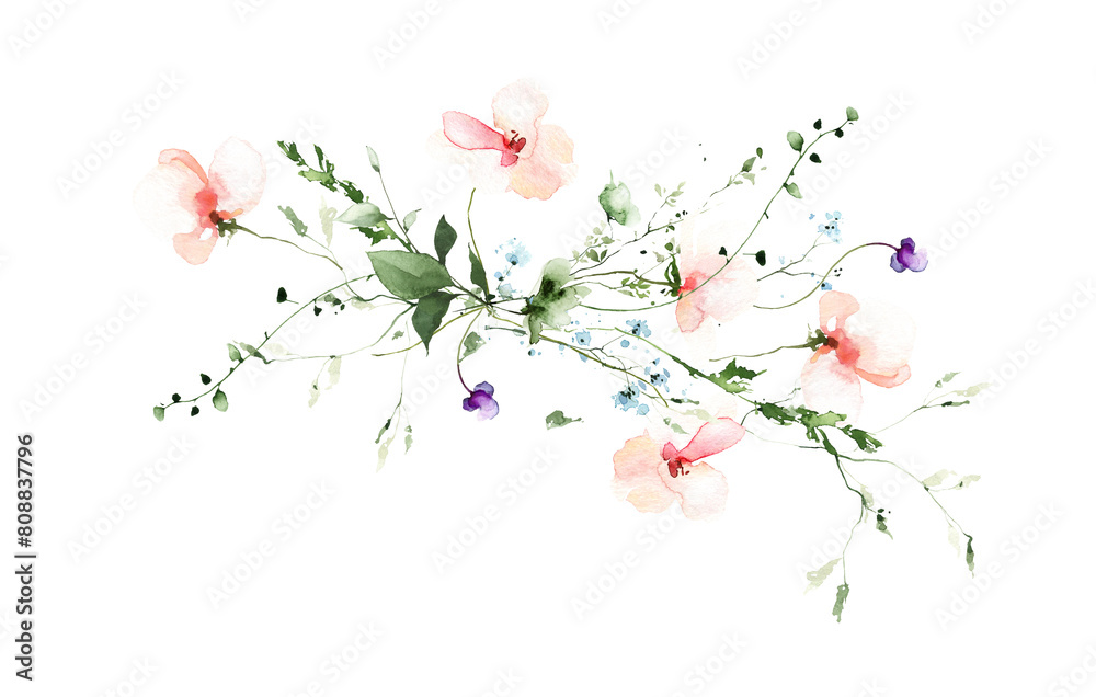 Watercolor painted meadow floral bouquet on white background. Pastel rose and peach flowers, green wild branches, leaves