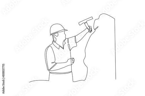 Simple continuous lin drawing of a geologist at work. Engineer minimalist concept. Engineer activity. Engineer analysis icon.