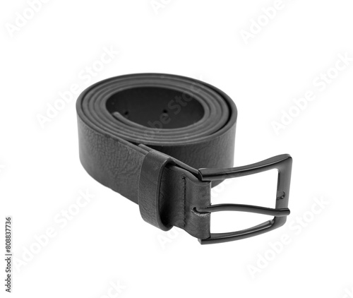 Fashionable men's leather belt with dark metal buckle isolated on white background. Black belt for men. Black leather belt for trousers.	