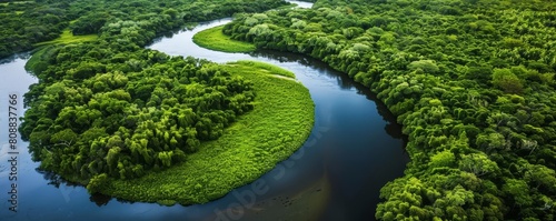 Aerial view of a winding river flowing through a lush green forest, the water perfectly mirroring the vibrant foliage and sky