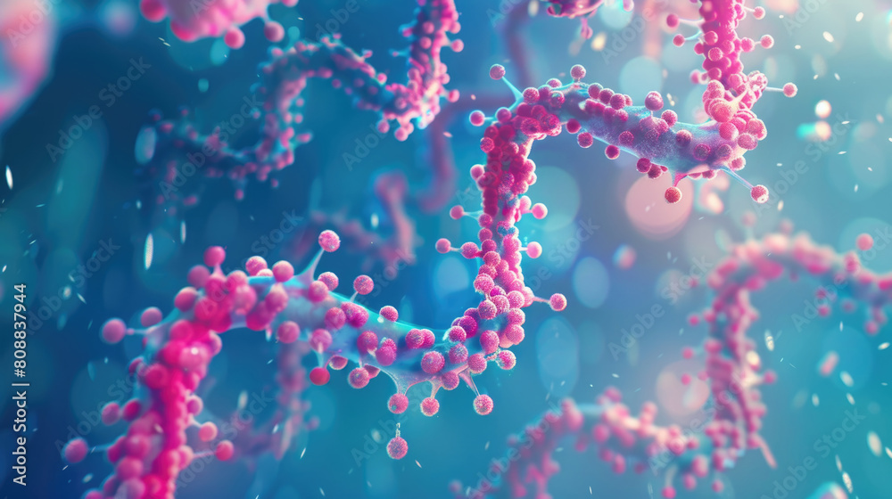A detailed visualization of a synthetic DNA helix structure with vibrant pink and blue hues A detailed visualization of a synthetic DNA helix structure with vibrant pink and blue hues