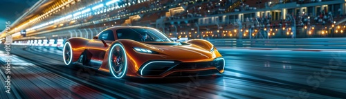 An electric sports car racing on a track illuminated by sustainable energy sources  emphasizing speed and zero emissions