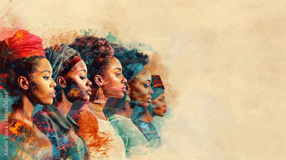 Vibrant artwork of African women profiles merging with abstract elements and rich textures