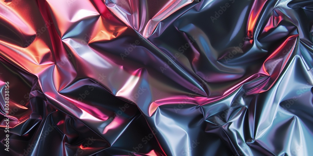 Fototapeta premium holographic effect material texture molten waves. wavy gradient plastic cloth fabric. close up abstract hologram background. Banner image. black purple blue neon gradient paper
