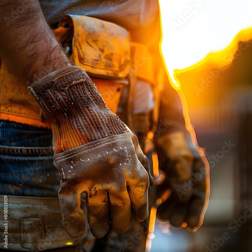 Hands with worker's gloves and a builder's work belt. Not recognizable photo