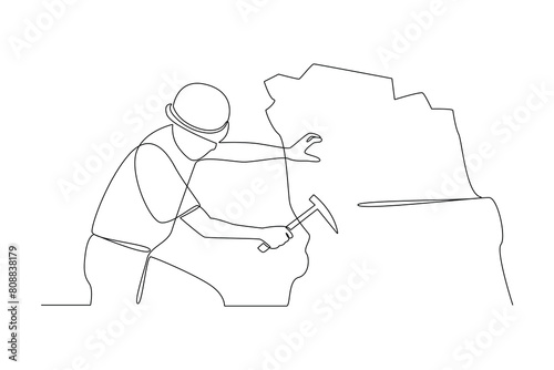 Simple continuous lin drawing of a geologist takes a rock sample. Engineer minimalist concept. Engineer activity. Engineer analysis icon.