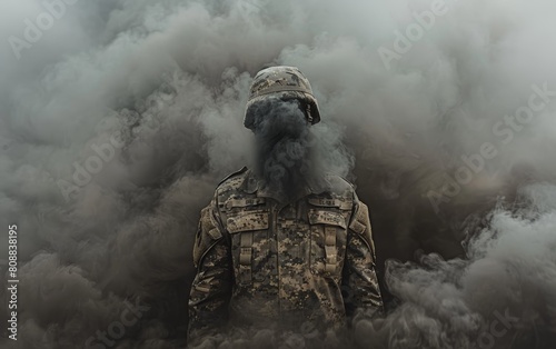 Soldier Enveloped in Smoke, Poised in Digital Camouflage Gear Amidst Haze of Battle