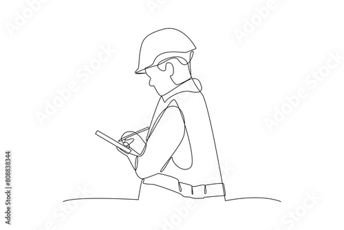 Simple continuous lin drawing of a geologist writing in the field. Engineer minimalist concept. Engineer activity. Engineer analysis icon.