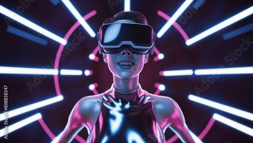 Woman wearing virtual reality goggles, VR