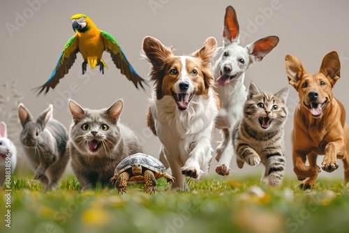 two dogs of different breeds, 3 cats of different breeds, a parrot, a turtle, a hamster, a rabbit run towards the camera