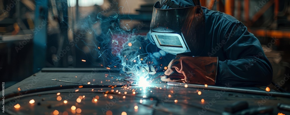 Fototapeta premium Artistic shot of a skilled worker welding in a dim workshop, dramatic backlighting emphasizing the shower of sparks and the craftsmanship involved